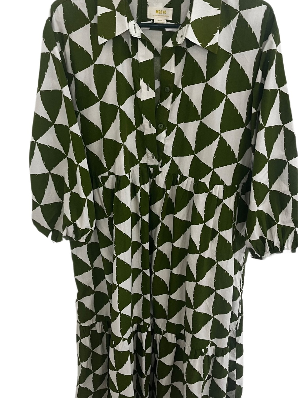 Maeve Olive Green and White Geometric Button-Front Midi Dress